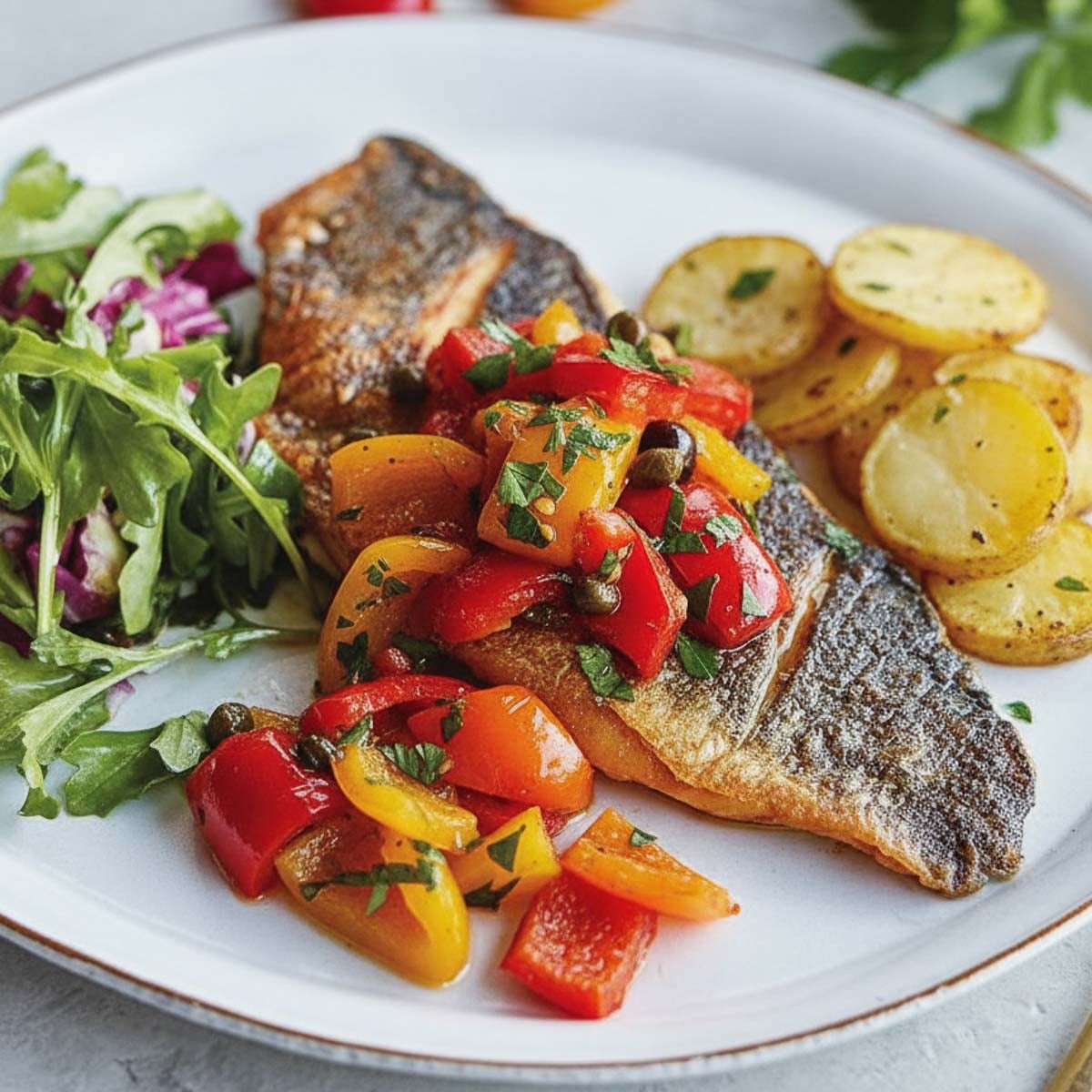 Crispy branzino al forno with colorful bell peppers and capers, served with roasted potatoes and mixed greens on a white plate.