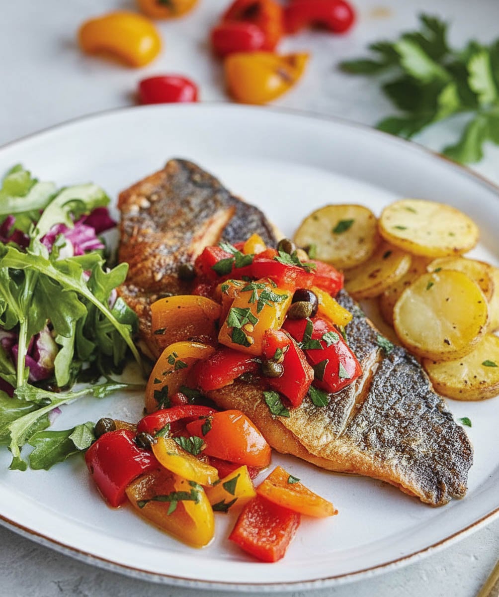 Crispy branzino al forno with sautéed bell peppers, roasted potatoes, and fresh greens on a white plate.