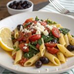 Creamy Veggie Pasta with cherry tomatoes, spinach, feta cheese, olives, and lemon on a white plate; Mediterranean dish.
