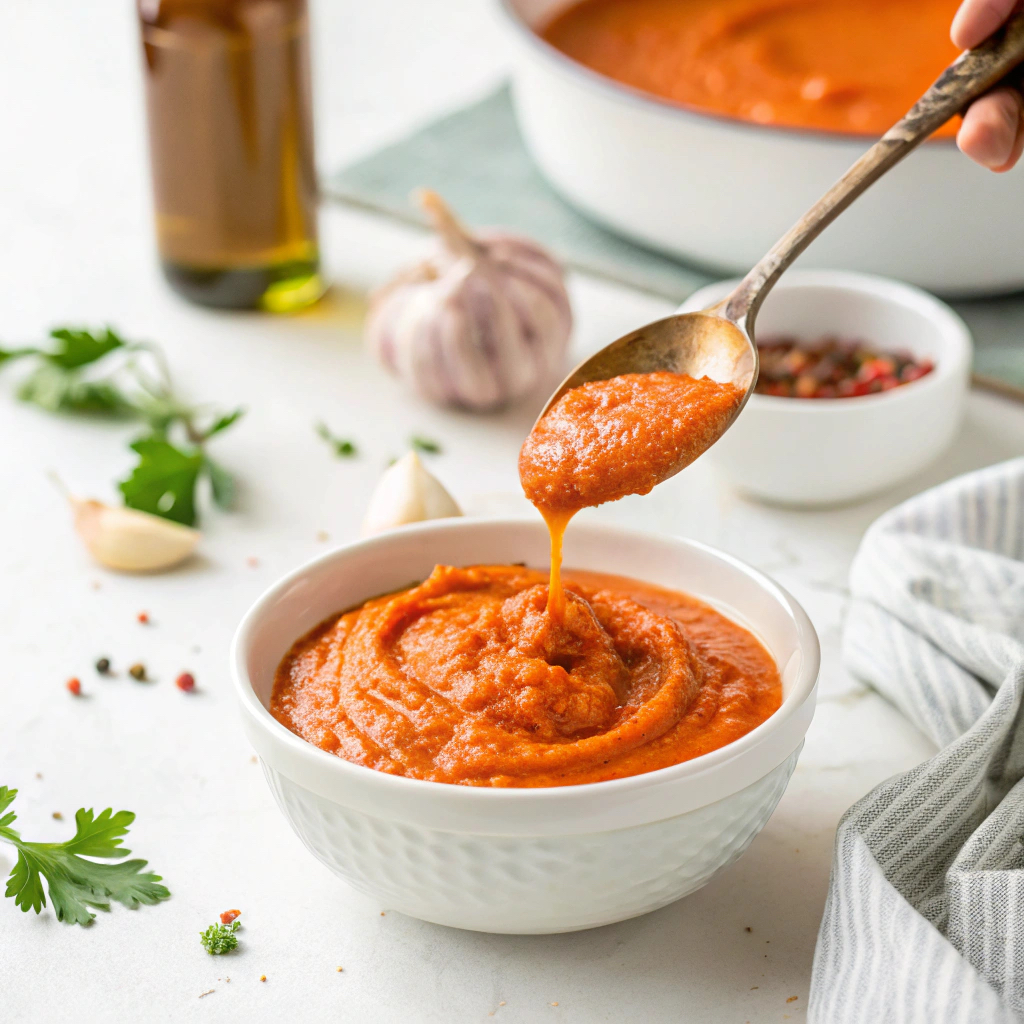Creamy romesco sauce in a bowl with garlic, herbs, and spices on a table. 