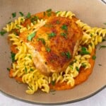 Chicken romesco pasta in a beige plate.