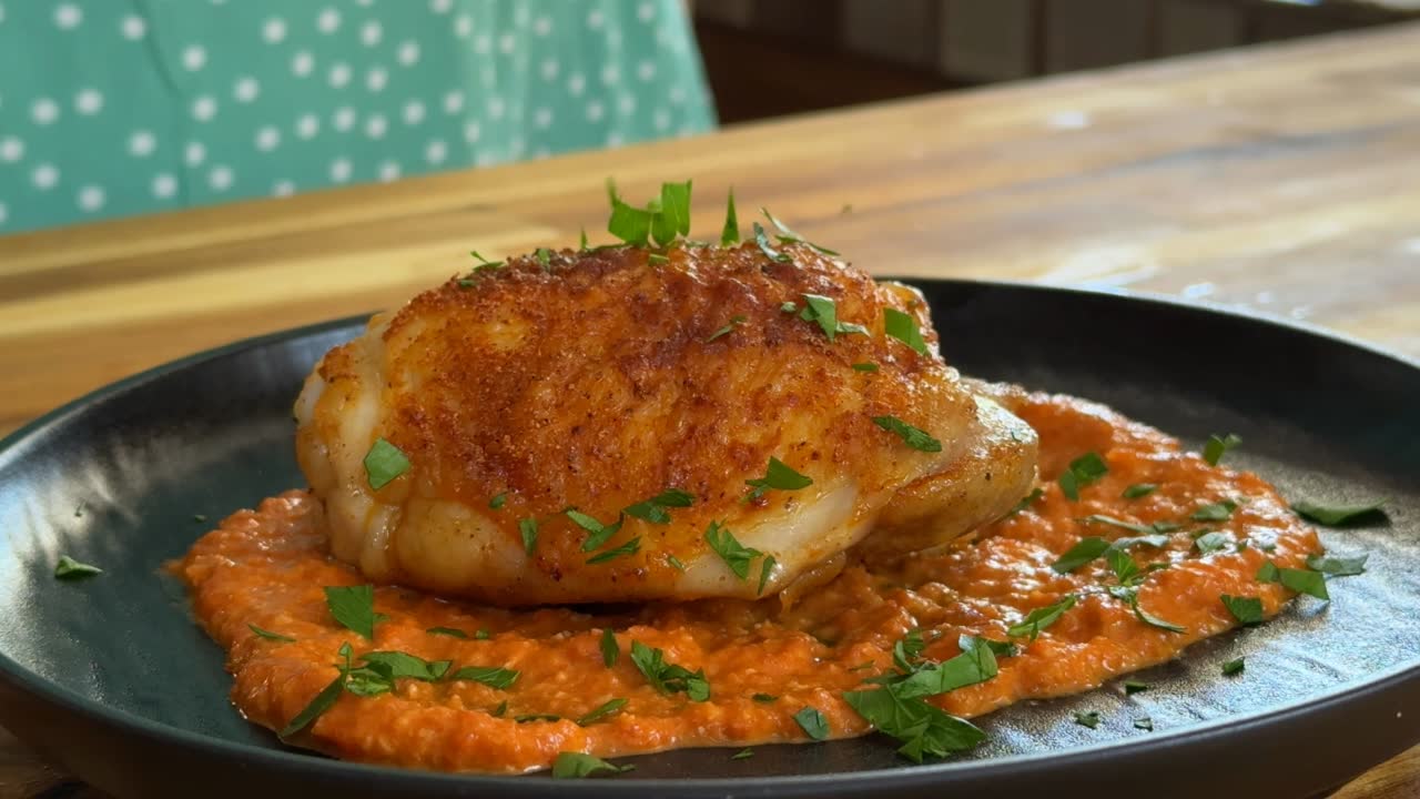 Seasoned chicken on Romesco sauce, garnished with fresh herbs, served on a black plate.