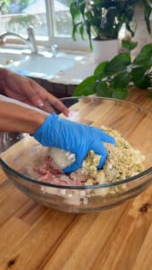 Person mixing ingredients in a bowl with blue gloves in a kitchen setting.