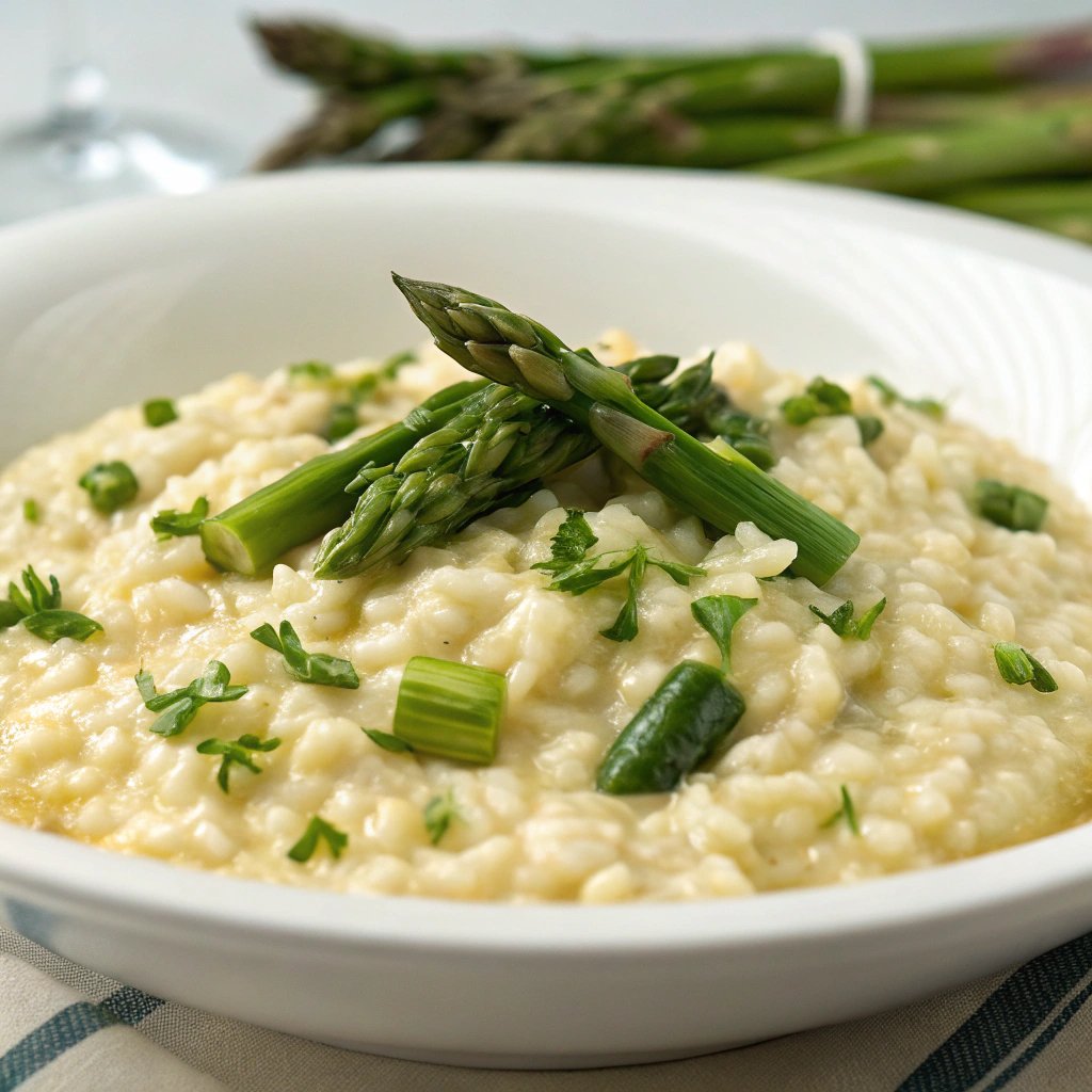 Creamy Stir in asparagus, finish with Parmesan and butter. garnished with fresh herbs in a white bowl, perfect for a gourmet meal.