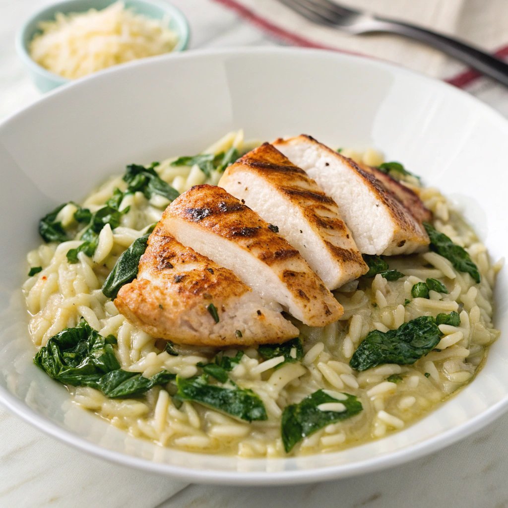 Lemon chicken orzo pasta in a white bowl, garnished with fresh herbs.