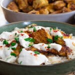 Garlic yogurt marinated chicken kebab with rice and creamy sauce, garnished with parsley, served in a green bowl.