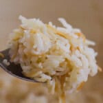 Close-up of a forkful of cooked Lebanese vermicelli rice with golden vermicelli, showcasing texture and color contrast.
