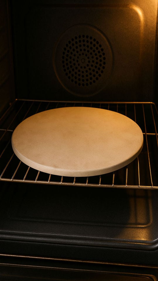 Pizza stone on an oven rack inside a preheated oven.