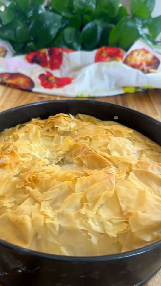Golden, flaky baklava baking pan with green plant and colorful fabric in background.