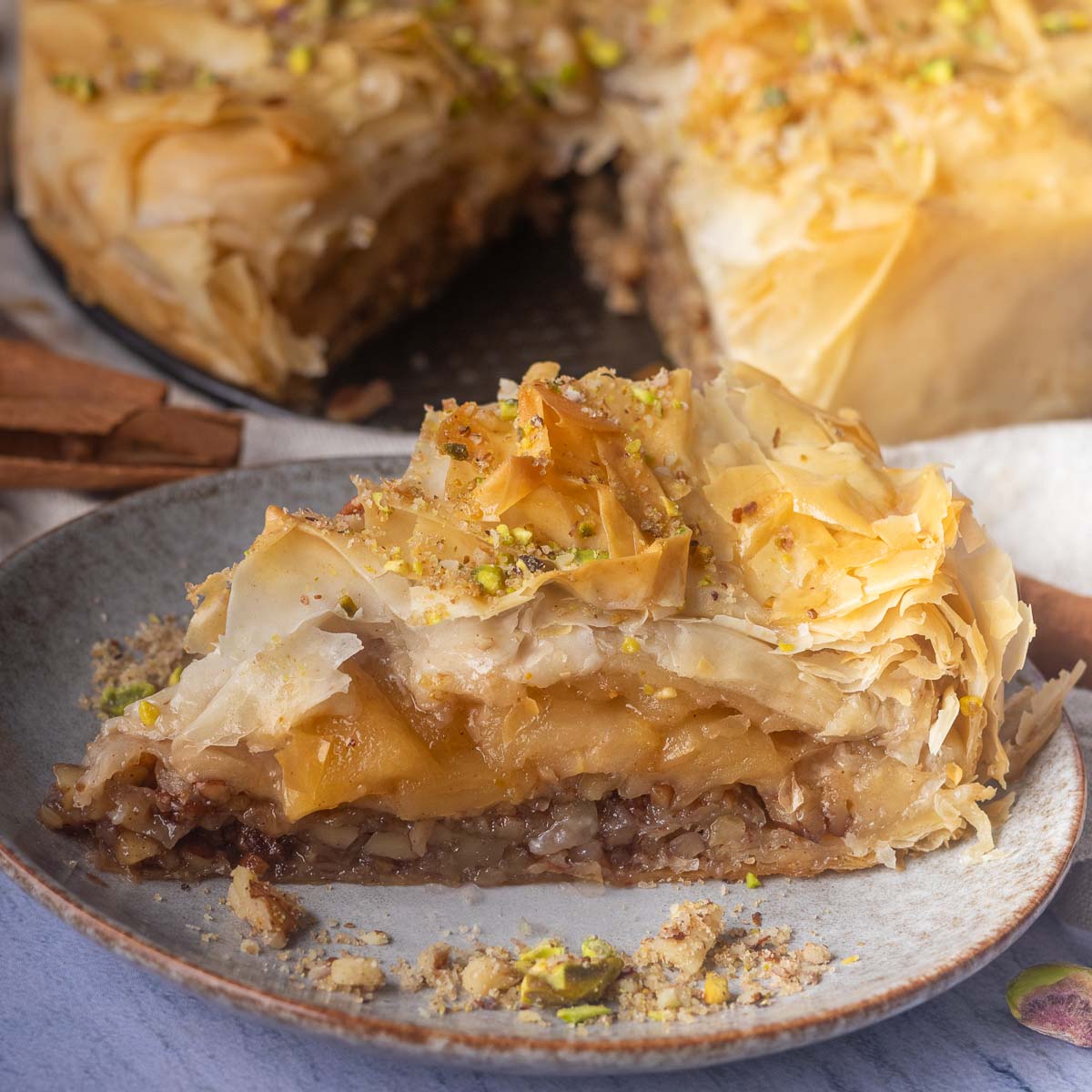 apple baklava on a gray plate