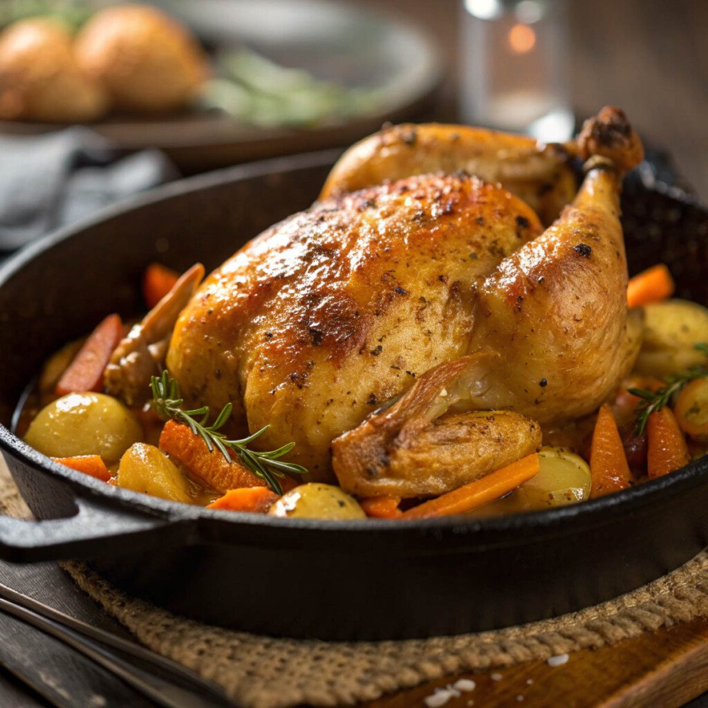 Mediterranean Spatchcock chicken with golden potatoes and carrots in a black skillet.