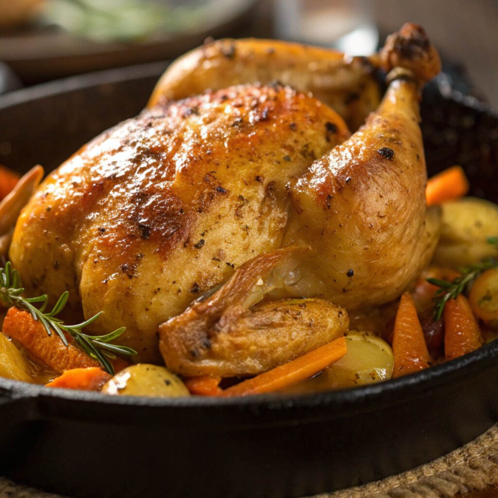 Mediterranean spatchcock chicken with crispy skin served with carrots and potatoes in a cast iron skillet.