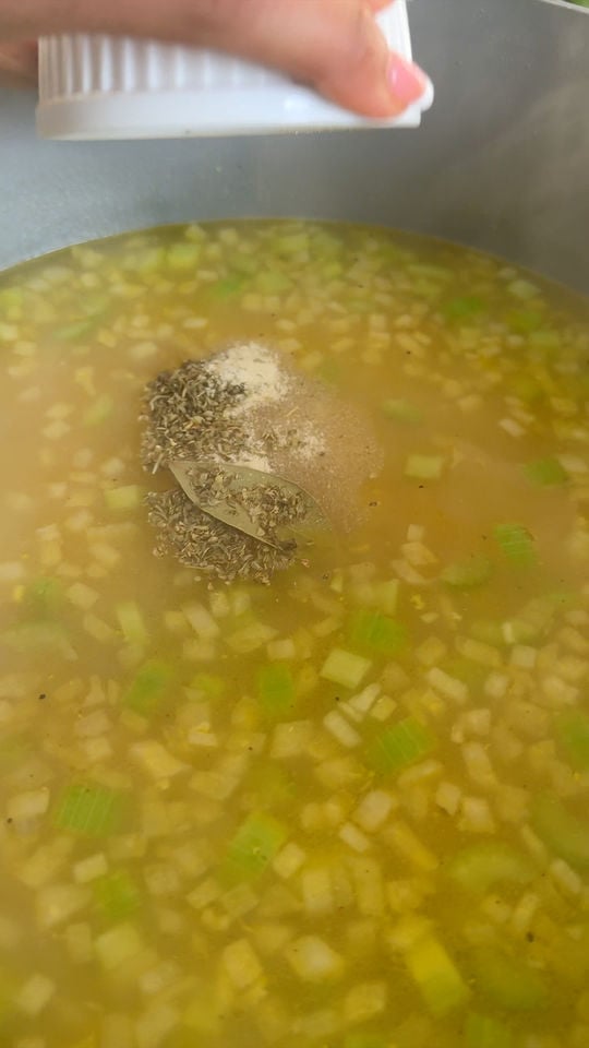 hand adding seasoning into broth.