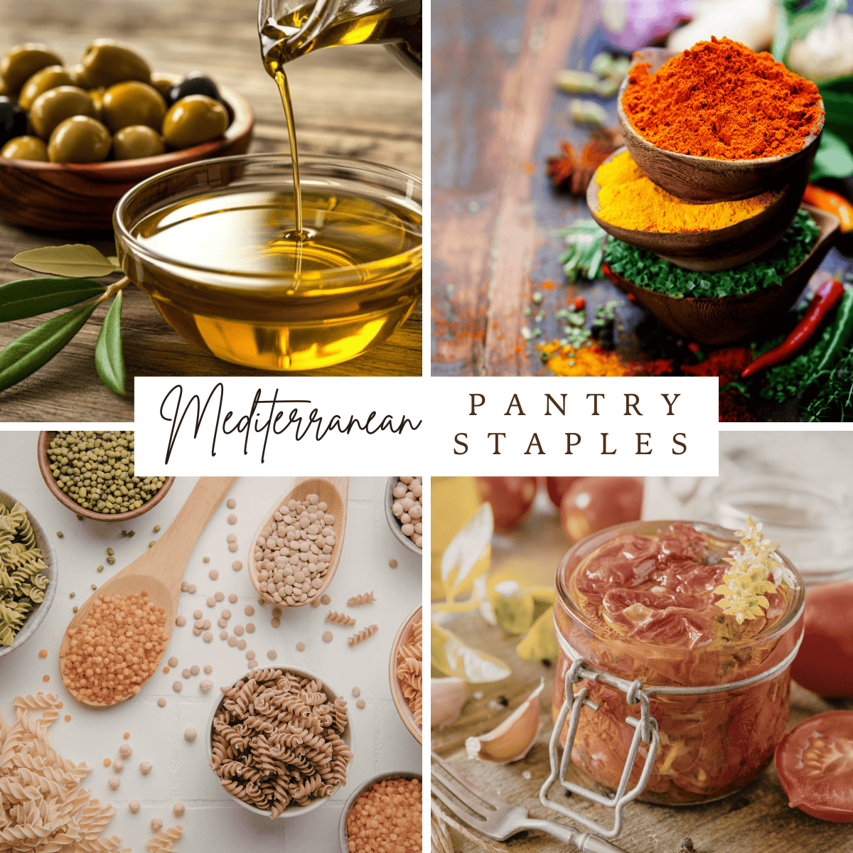 Mediterranean pantry staples with olive oil, spices, dried legumes, pasta, and preserved tomatoes in a glass jar.