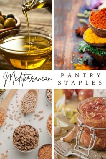 Mediterranean pantry staples: olives, olive oil, spices, pasta, lentils, and jarred tomatoes on a wooden table.