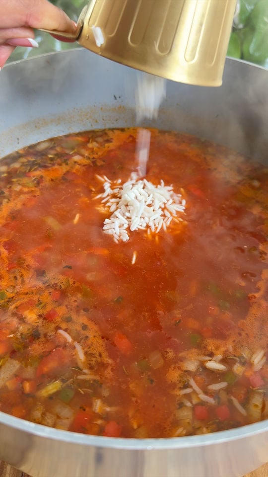 Person pouring rice into a pot of simmering soup.
