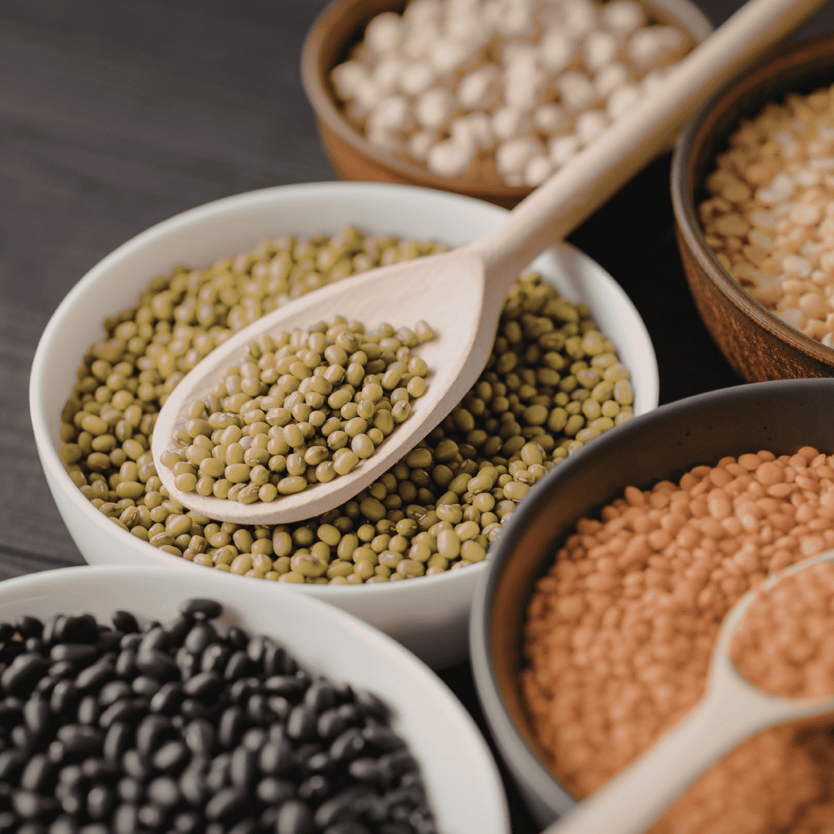 Various types of legumes, including mung beans and lentils, in bowls with wooden spoons on a dark table.