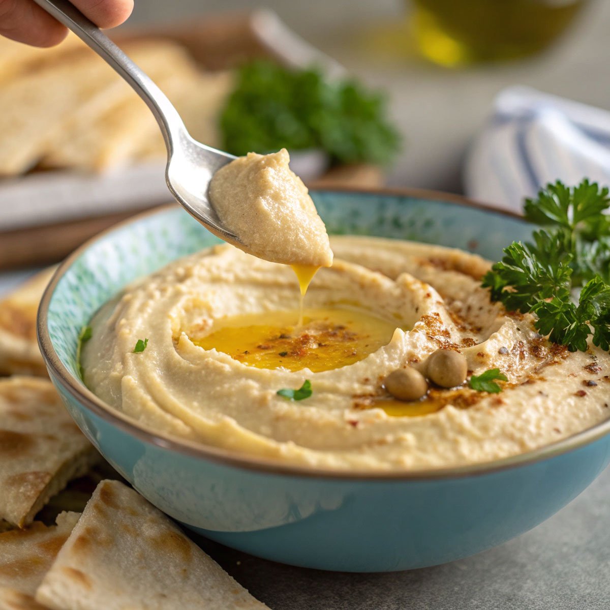 Creamy garlic hummus in blue bowl with olive oil and parsley garnish, spoon scooping, pita and parsley in background.