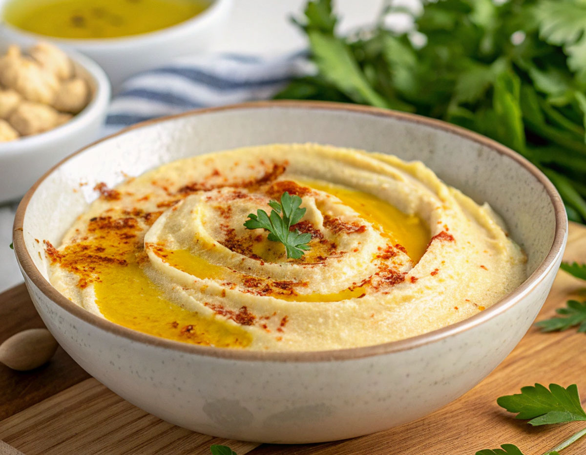 Bowl of creamy garlic hummus garnished with olive oil, paprika, and parsley on a wooden board.