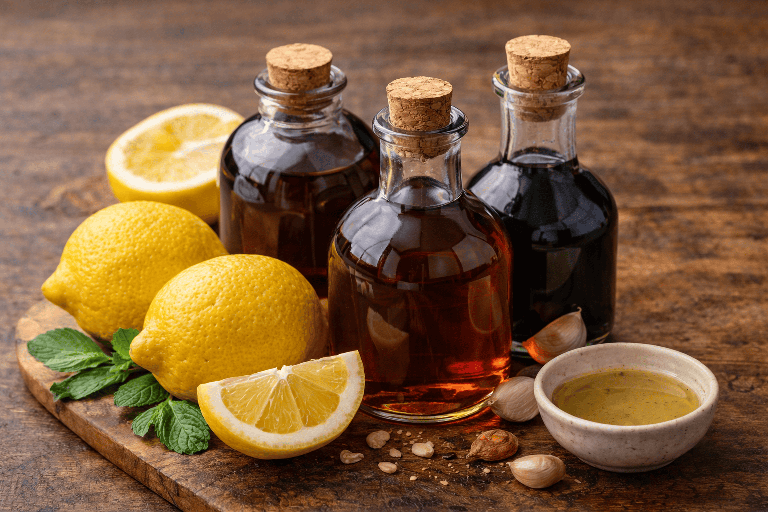 Glass bottles with oil and vinegar, fresh lemons, mint, garlic, and small bowl on wooden board.