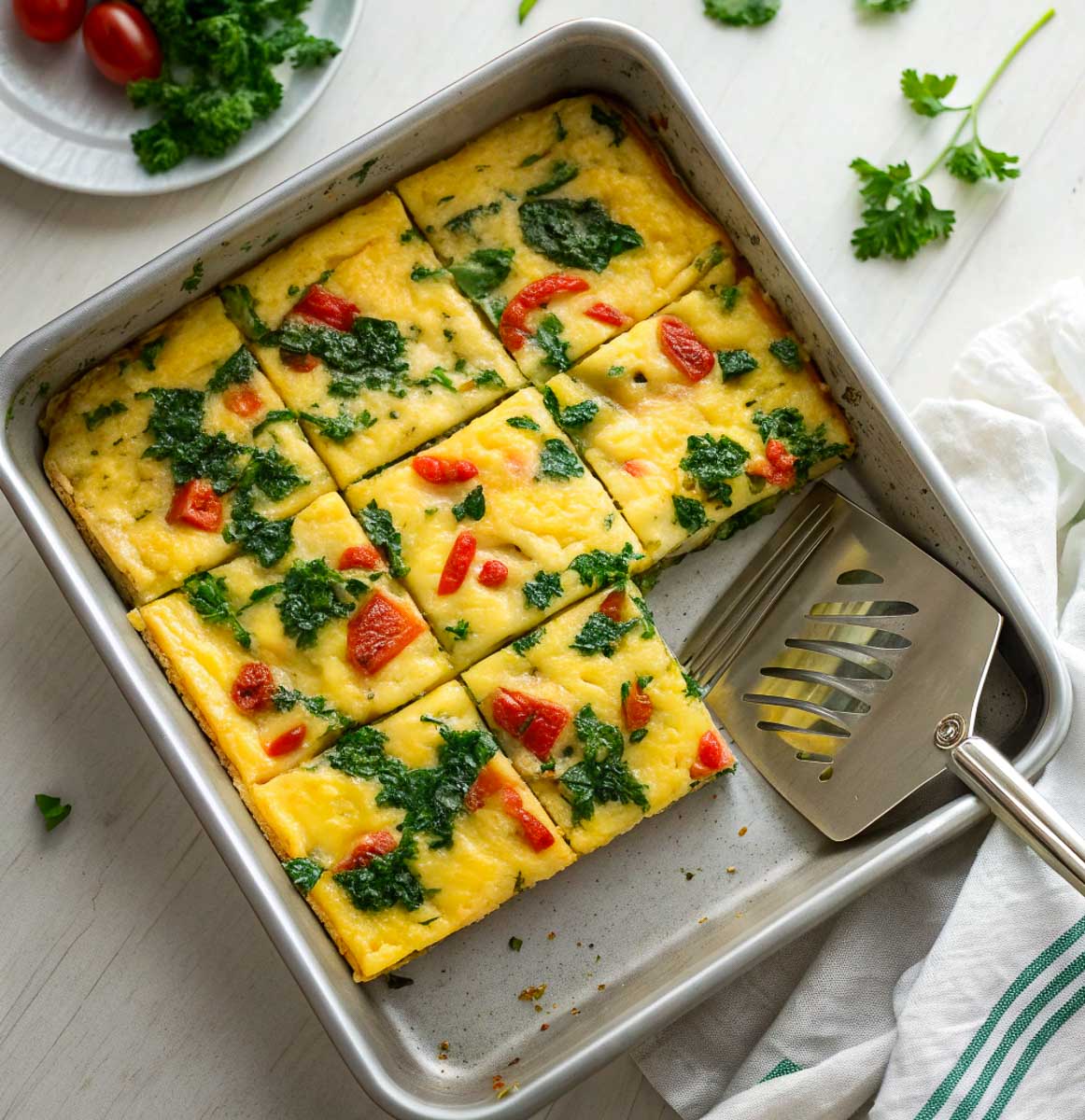 Sheet pan eggs with spinach and tomatoes cut into squares in a pan, with a metal spatula beside.