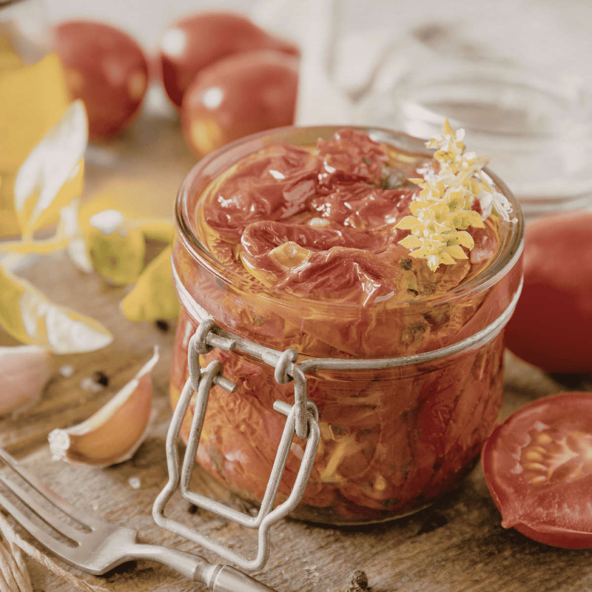 Jar of sun-dried tomatoes with garlic and herbs on a wooden table, surrounded by fresh tomatoes and basil leaves.