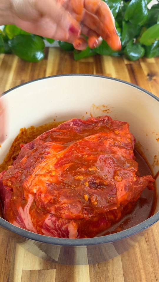 Seasoned meat with marinade in a pot, hand seasoning, wood surface, and green plant background.