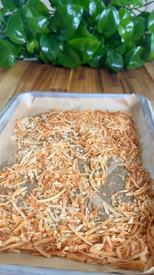 Toasted coconut flakes on parchment-lined baking sheet with lush green plant in background.