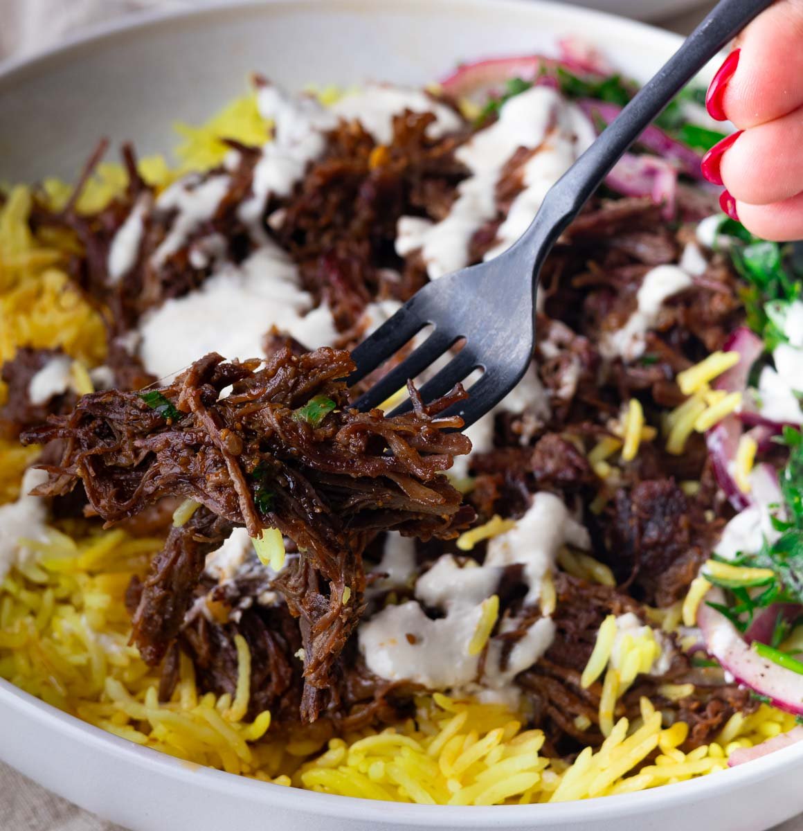A fork picking up Spiced braised chuck roast over yellow rice, topped with white sauce, garnished with greens and onions in a bowl.