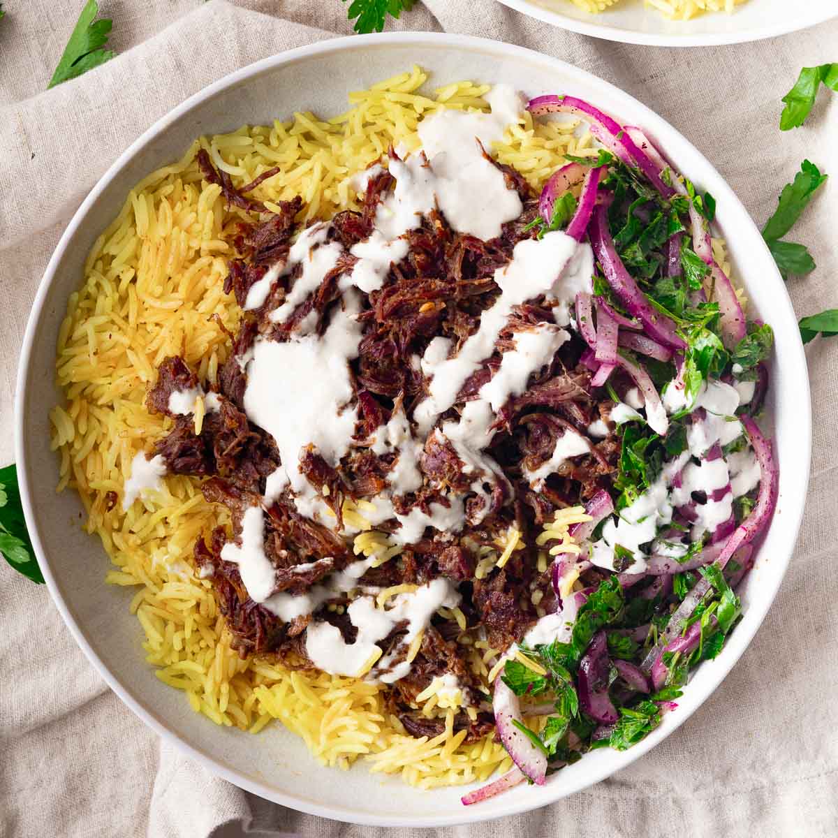 braised chuck roast over rice with onion salad and white sauce