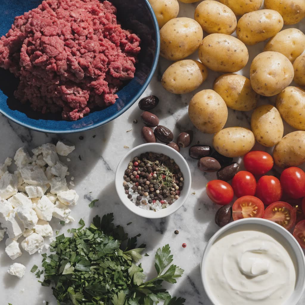 Raw ground beef, potatoes, cherry tomatoes, feta, olives, herbs, yogurt, and peppercorns on a marble surface.