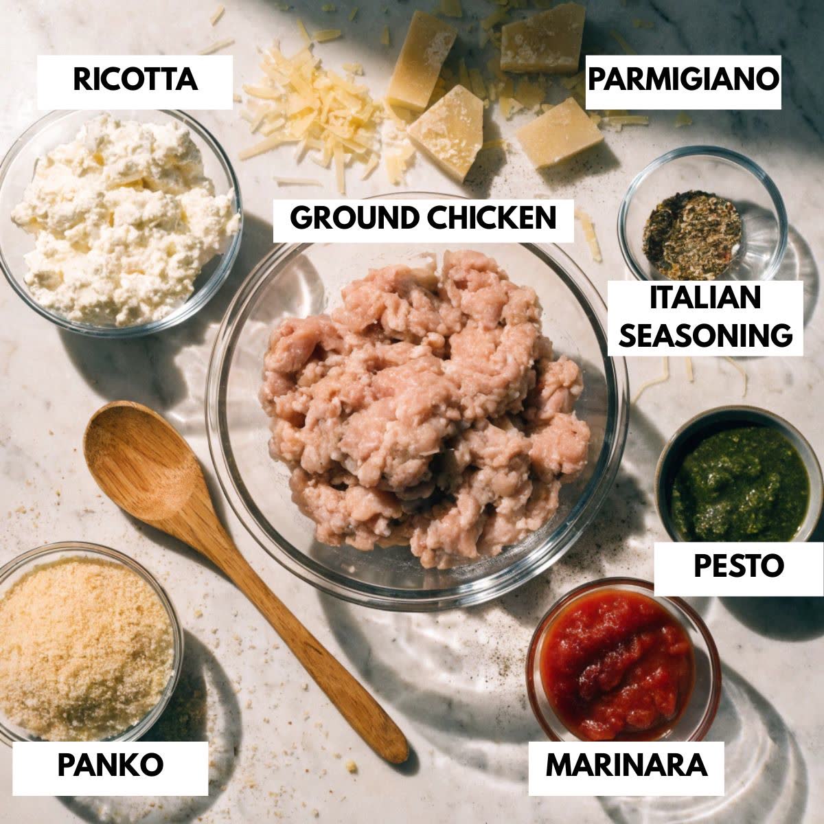 Ingredients for ricotta meatballs: ground chicken, ricotta, Parmigiano, panko, Italian seasoning, pesto, marinara on marble.
