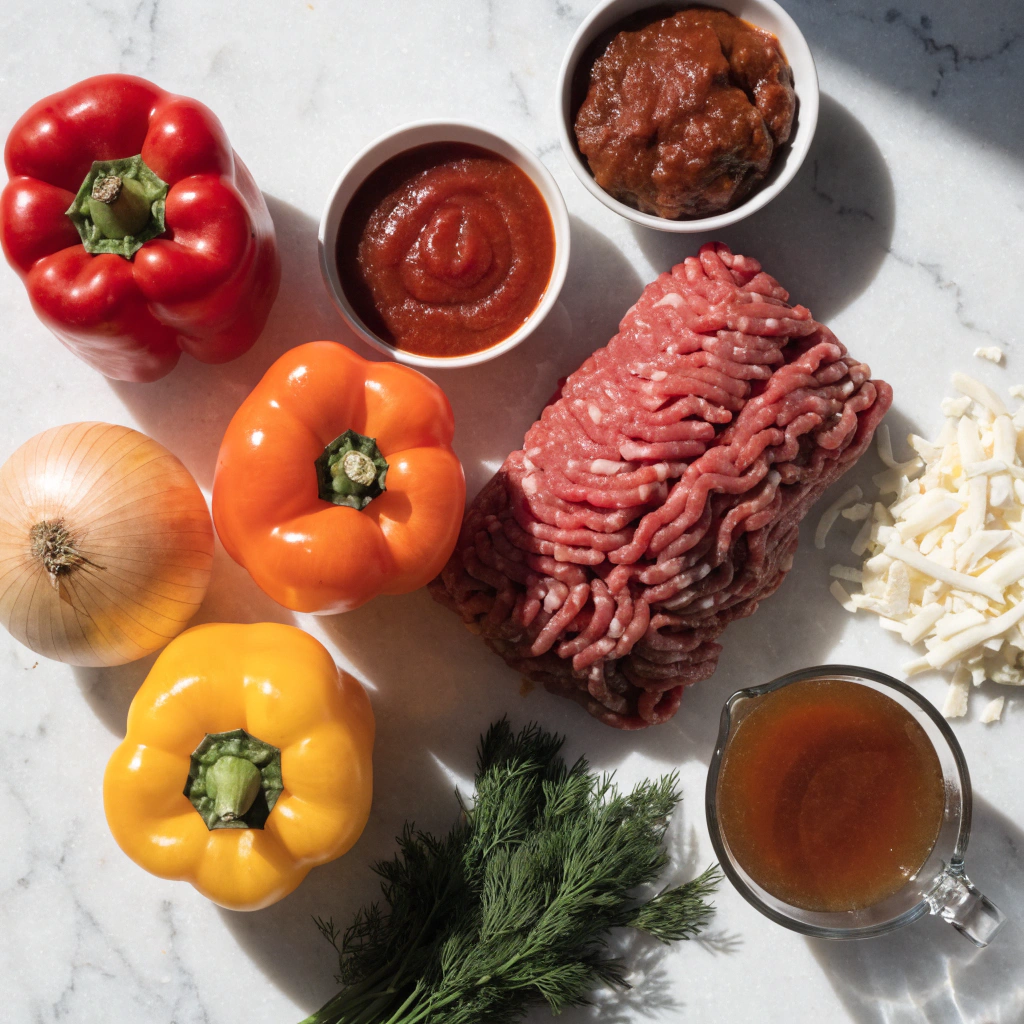 Assorted ingredients on a marble surface: onions, bell peppers, minced meat, tomato sauce, cheese, dill, and broth.