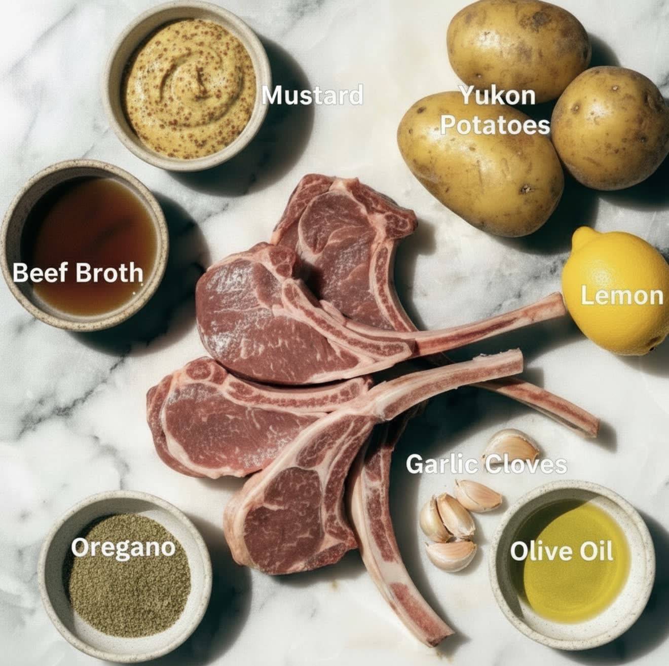 Baked lamb chop ingredients with raw lamb chops, Yukon potatoes, mustard, beef broth, oregano, garlic cloves, lemon, olive oil on marble surface.