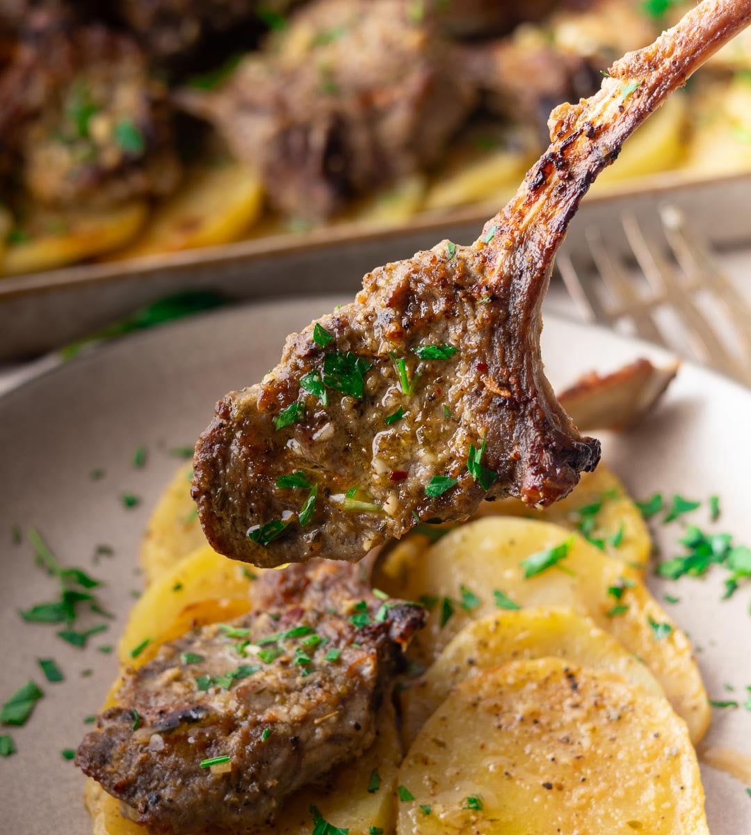 Sheet pan baked lamb chops with herbs on a fork over sliced potatoes sprinkled with parsley on a plate.