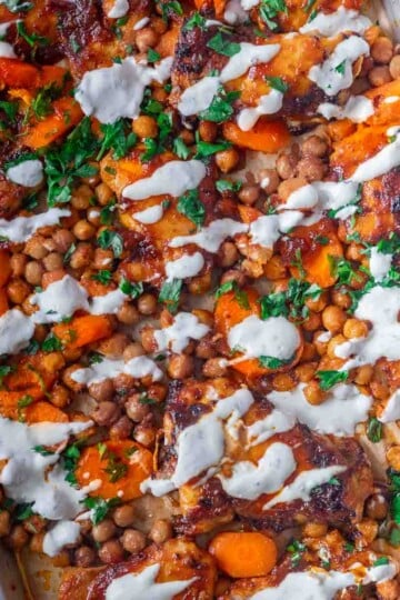 Honey harissa chicken tray bake with roasted chicken with chickpeas, carrots, garnished with parsley and drizzled with creamy sauce on a baking tray.