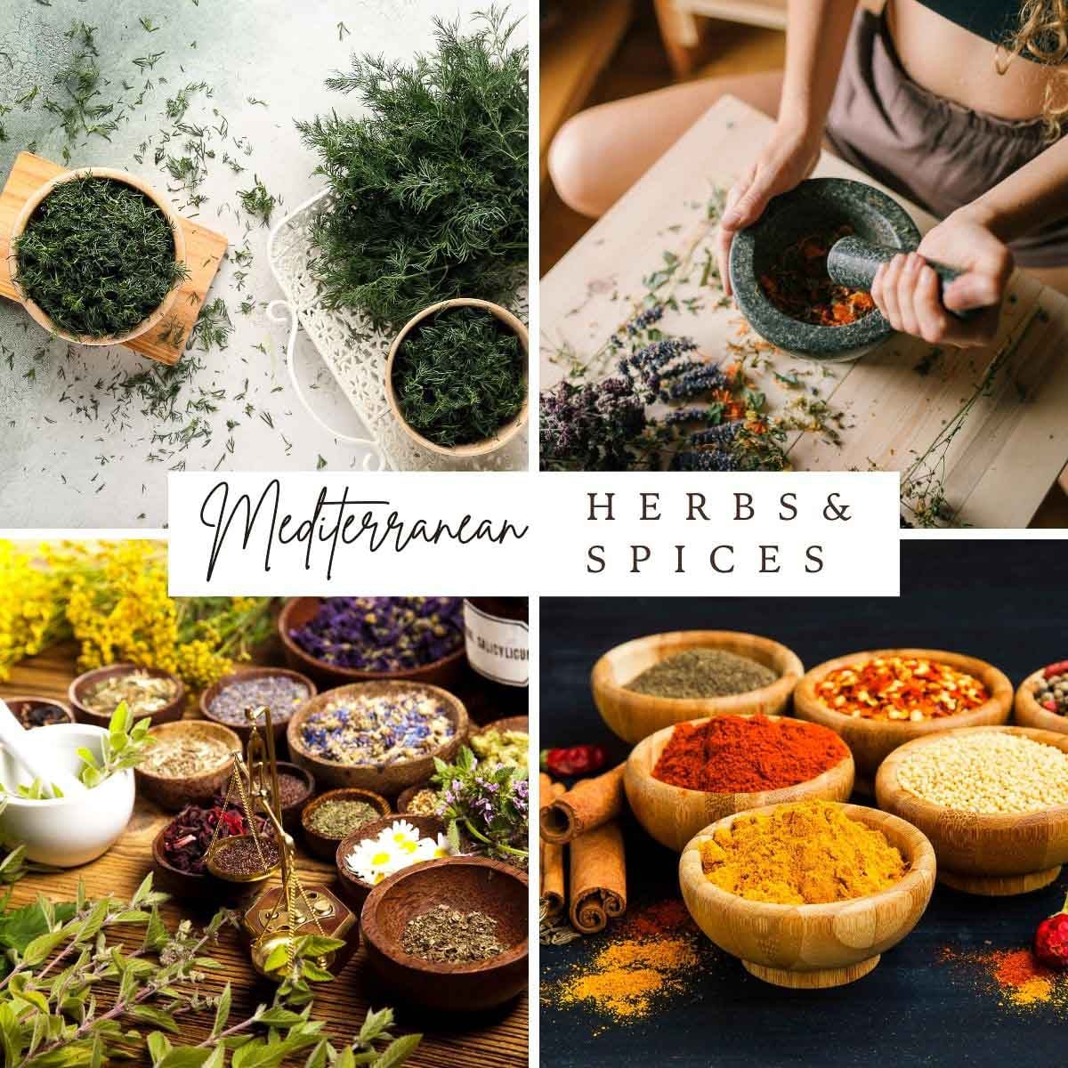 Collage of Mediterranean herbs and spices, including greens, colorful spices in bowls, and herb grinding with mortar.