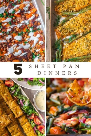 Collage of five sheet pan dinners with vegetables, fish, chickpeas, shrimp, and kebabs, highlighting easy meal variety.