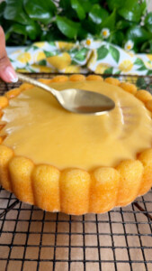 Hand spreads lemon curd on round cake with a spoon.