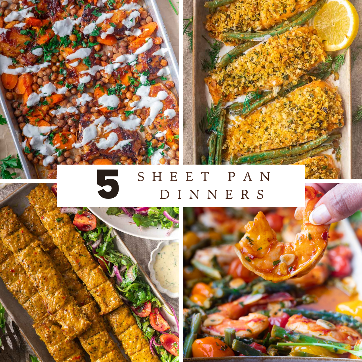 Collage of five sheet pan dinners featuring vegetables, meats, and sauces with a 5 Sheet Pan Dinners label.