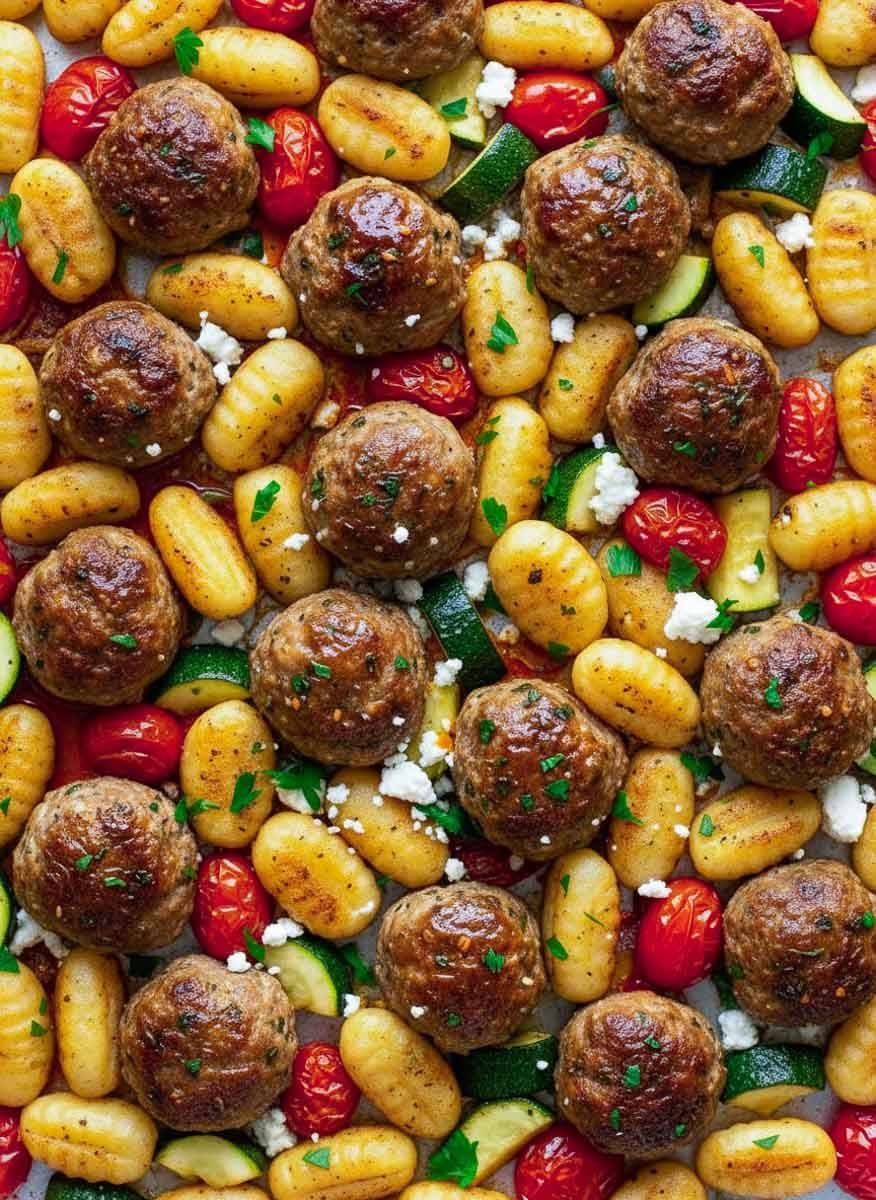 Sheet pan baked gnocchi with meatballs with gnocchi, cherry tomatoes, zucchini, and herbs on a baking sheet.