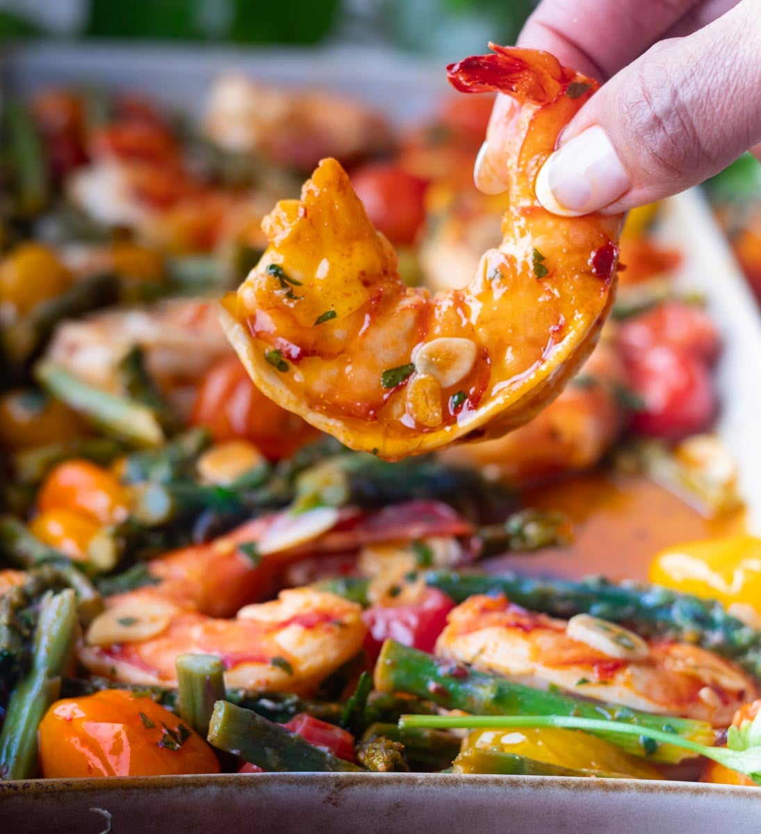 Sheet pan garlic shrimp with a hand holding a seasoned shrimp over a tray with shrimp, cherry tomatoes, and asparagus.