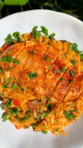 Sliced grilled chicken over spiced orzo pasta with fresh herbs in a white bowl.