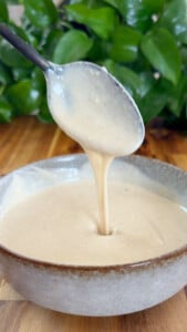 Spoon pouring creamy sauce into a bowl.