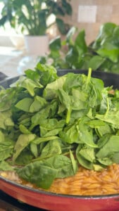 Fresh spinach piled on cooking orzo pasta in a red pan.