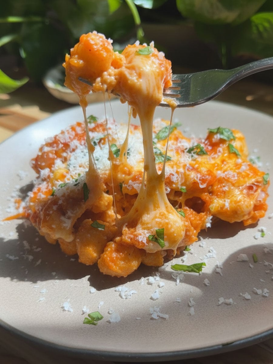 Cauliflower and chicken sausage on fork, topped with tomato sauce and herbs on plate.