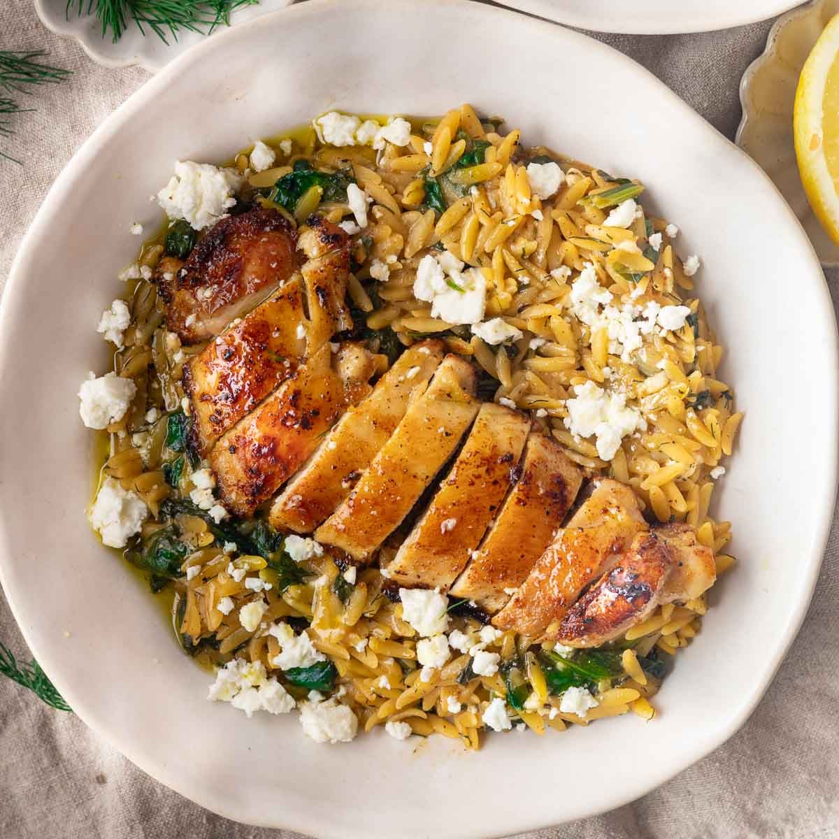orzo pasta with chicken, spinach and feta