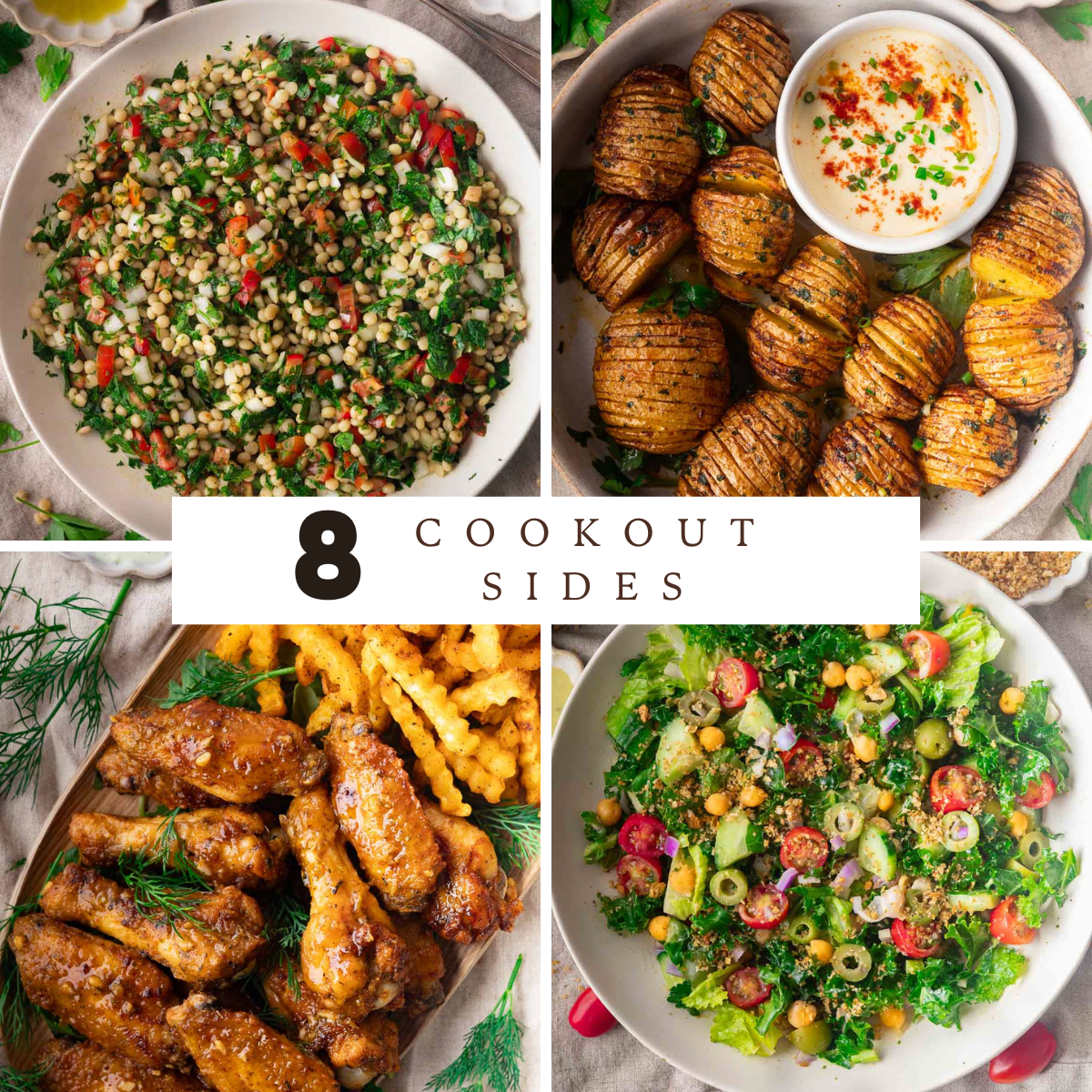 Collage of four dishes: couscous salad, hasselback potatoes, chicken wings with fries, and green salad with vegetables.