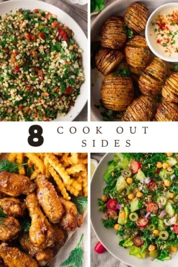 Collage of four cookout sides: tabbouleh, hasselback potatoes with dip, chicken wings with fries, and salad.