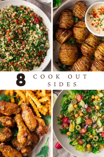Collage of four dishes: tabbouleh, hasselback potatoes with dip, chicken wings with fries, and mixed green salad.